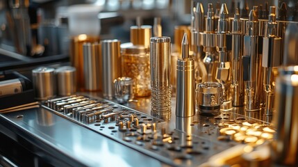 Poster - A close-up view of an array of shiny, metallic beauty products arranged on a sleek surface in a well-lit setting