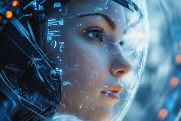 Poster - Futuristic woman with augmented reality interface exploring a digital environment at night