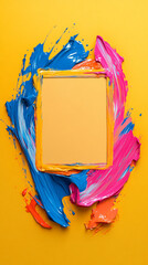 Poster - Colorful paint strokes in blue, pink, and orange frame a blank square shape on a yellow background, symbolizing creativity, art, and design, with space for text or a photo.