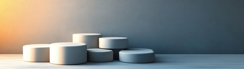 Poster - Three white stools arranged around a white table in a minimalist interior setting