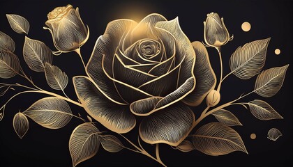 Canvas Print - luxury rose flowers gold line art illustration