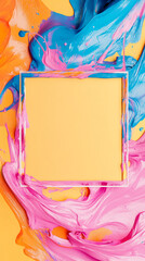 Poster - A vibrant color frame filled with blue and pink paint splashes on a yellow background, representing creativity, design, and free space for content or advertisement.