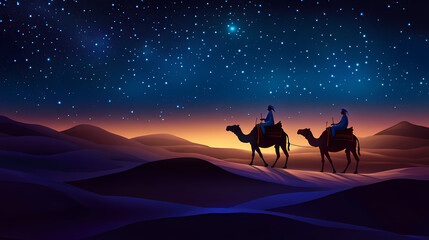 Wall Mural - Camel caravan traversing serene desert dunes under a starry night, perfect for travel themes, spirituality events, or showcasing adventure and tranquility. Desert Caravan Under Stars. Illustration