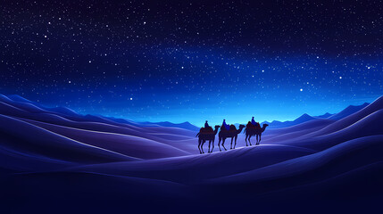 Wall Mural - Camel caravan traversing serene desert dunes under a starry night, perfect for travel themes, spirituality events, or showcasing adventure and tranquility. Desert Caravan Under Stars. Illustration