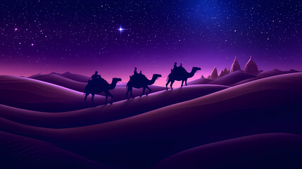 Wall Mural - Camel caravan traversing serene desert dunes under a starry night, perfect for travel themes, spirituality events, or showcasing adventure and tranquility. Desert Caravan Under Stars. Illustration