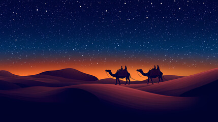 Wall Mural - Camel caravan traversing serene desert dunes under a starry night, perfect for travel themes, spirituality events, or showcasing adventure and tranquility. Desert Caravan Under Stars. Illustration