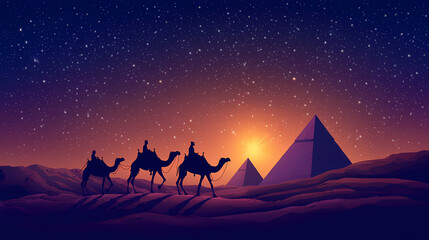 Wall Mural - silhouette of camel caravan traversing a desert landscape at sunset with pyramids in the background 