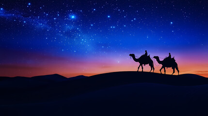 Wall Mural - Silhouette of a camel caravan crossing desert dunes under a breathtaking starry sky at dusk, capturing adventure and tranquility. Desert Caravan Under Stars. Illustration