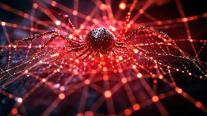 Close-up of a spider resting in a shimmering web, illuminated by vibrant red light against a dark background
