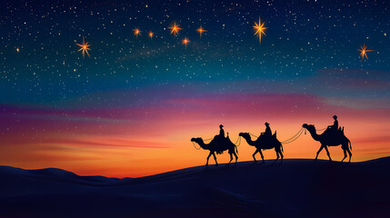 Wall Mural - Three silhouettes of camel riders traversing a desert landscape at sunset under a starry sky. Desert Caravan Under Stars. Illustration