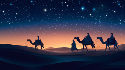 Wall Mural - Travelers journey through desert under starry night with camels. Desert Caravan Under Stars. Illustration
