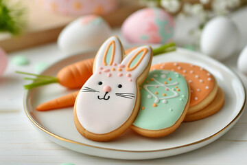 Colorful Easter cookies featuring adorable bunny shapes and carrot designs for a festive treat