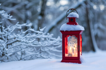 Poster - Enchanting winter lantern in snowy forest