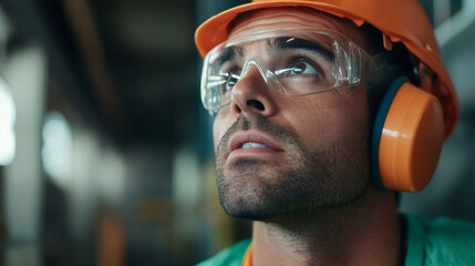 Aufkleber - Close-up of focused industrial worker wearing protective glasses and ear muffs looking upwards in factory environment