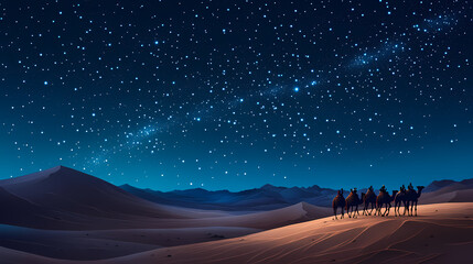 Wall Mural - A caravan of camels traverses a vast desert landscape under a starry night sky. Desert Caravan Under Stars. Illustration