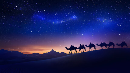 Wall Mural - A caravan of camels walking through the desert under a starry night sky. Desert Caravan Under Stars. Illustration