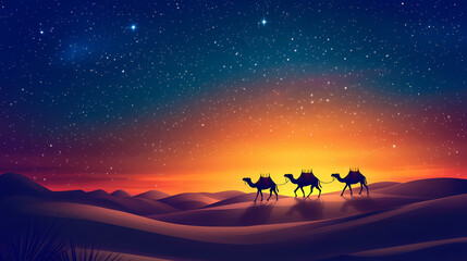 Wall Mural - A caravan of camels walking through the desert under a starry night sky. Desert Caravan Under Stars. Illustration