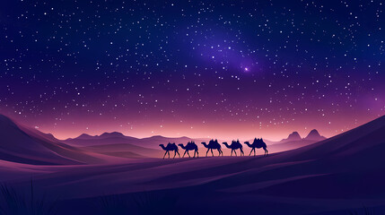 Wall Mural - A caravan of camels walking through the desert under a starry night sky. Desert Caravan Under Stars. Illustration