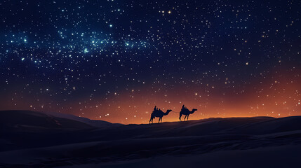 Wall Mural - A lone camel caravan traveling through a desolate desert, under a sky full of stars. Desert Caravan Under Stars. Illustration