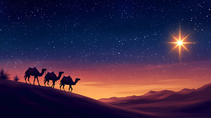 Wall Mural - A peaceful ramadan scene with camels walking under a starry sky and a glowing star. Desert Caravan Under Stars. Illustration