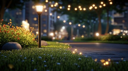 Poster - Street light illuminating a manicured lawn in a suburban neighborhood at dusk