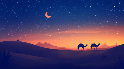 Wall Mural - A serene desert night with a camel caravan under a starry sky and crescent moon. ideal for ramadan designs, travel promotions, or tranquil nature themes. Desert Caravan Under Stars. Illustration
