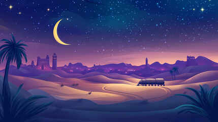 Wall Mural - A serene ramadan night desert landscape under a crescent moon, with a caravan heading towards an oasis, in a soft glowing digital illustration. Desert Caravan Under Stars. Illustration