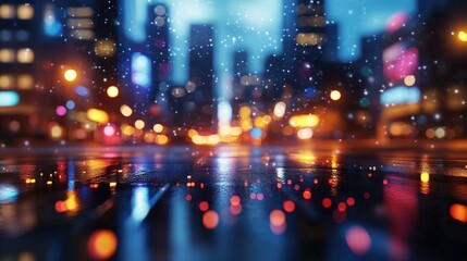 Poster - City skyline at night illuminated by lights with reflections on wet pavement from recent rain