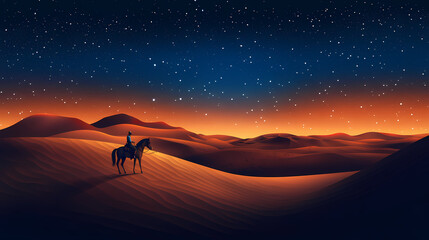 Wall Mural - An expansive desert landscape under a star-lit sky, a lone traveler on horseback silhouetted against the dunes. Desert Caravan Under Stars. Illustration