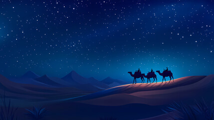 Wall Mural - Camel caravan crossing desert under starry night sky. Desert Caravan Under Stars. Illustration