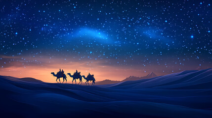 Wall Mural - Camel caravan crossing desert under starry night sky. Desert Caravan Under Stars. Illustration