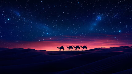 Wall Mural - Camel caravan crossing desert under starry night sky. Desert Caravan Under Stars. Illustration
