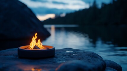 Canvas Print - Lakeside campfire at dusk, tranquil scene (3)