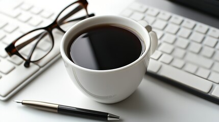 Poster - Coffee, keyboard, pen, glasses, desk, office work