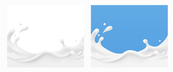 Wall Mural - milk splash seamless patterns. 3d realistic yogurt wave borders on white and blue backgrounds. vecto