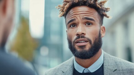 Poster - Young businessman talking with a colleague in an urban setting, discussing a project or sharing ideas