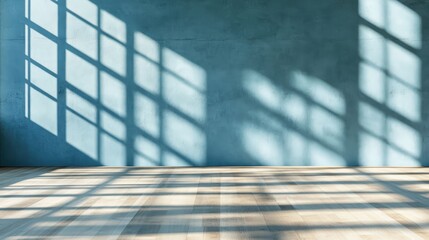 Poster - Interior of a room featuring a wooden floor and blue walls with natural light coming through the window