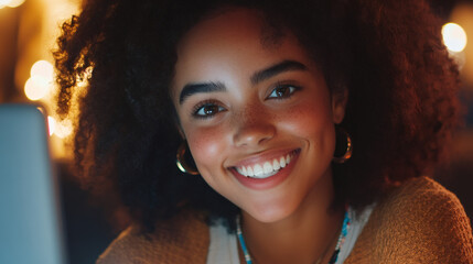 Poster - professional businesswoman working late, laptop open, radiating success with beaming smile and confi