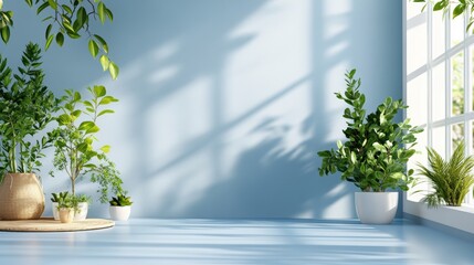 Aufkleber - Room with blue wall featuring plant and photo on display in modern interior design setting