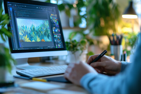 Digital artist creating vibrant plant-themed artwork on a computer in a cozy workspace filled with greenery