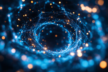 Poster - Abstract representation of a digital vortex with glowing particles and interconnected lines