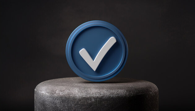 Blue check mark icon on round stone pedestal. Symbol of approval. 3D rendering, modern design.
