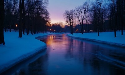 Canvas Print - Winter sunset over snowy river park