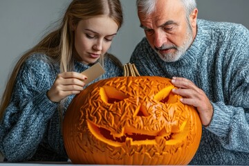 A young woman and an older man carefully carve a spooky Halloween pumpkin together, creating intricate details.