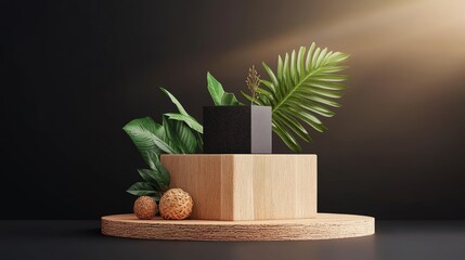 Aufkleber - Potted plant in wooden stand with black background showcasing natural decor and minimalistic design