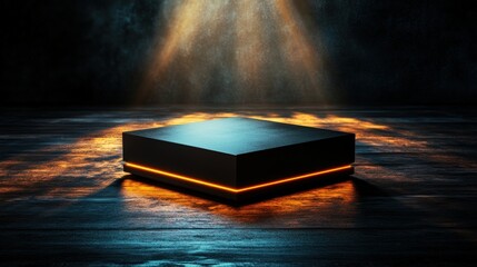 Aufkleber - Black box emitting light with photo on top placed on a wooden surface in a dimly lit environment