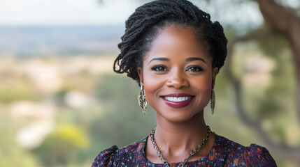 Canvas Print - Portrait of a confident and smiling African American businesswoman, radiating positivity against a softly blurred background