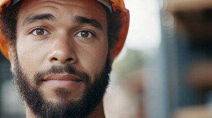 Poster - Close-up portrait of an industrial engineer wearing an orange hardhat, showcasing professionalism and expertise in a blurred industrial setting