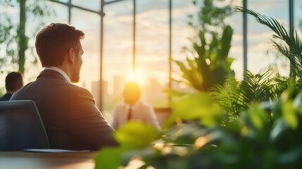 Poster - Professional working at minimalist workspace, overlooking urban sunset with indoor greenery, embodying calm productivity