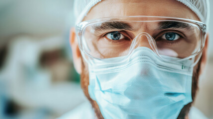 Poster - Scientist wearing protective gear, analyzing data near high-tech laboratory instruments during critical medical research process